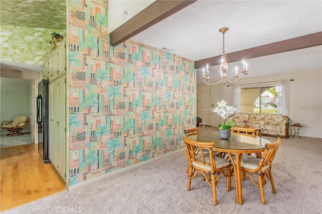 2605 La Praix St, Highland, CA 92346 - dining space with a chandelier, beam ceiling, baseboards, light colored carpet, and a textured ceiling