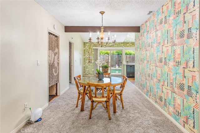 2605 La Praix St, Highland, CA 92346 - dining area featuring a chandelier, carpet flooring, baseboards, and a textured ceiling