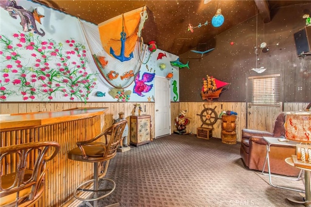 2605 La Praix St, Highland, CA 92346 - game room with wainscoting, a dry bar, carpet, wooden walls, and vaulted ceiling