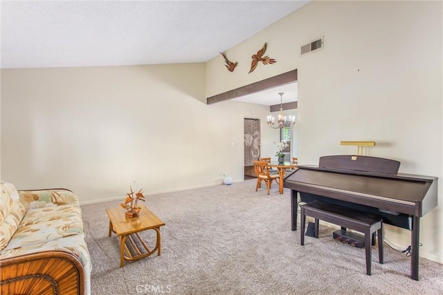 2605 La Praix St, Highland, CA 92346 - living room featuring a chandelier, carpet flooring, and high vaulted ceiling