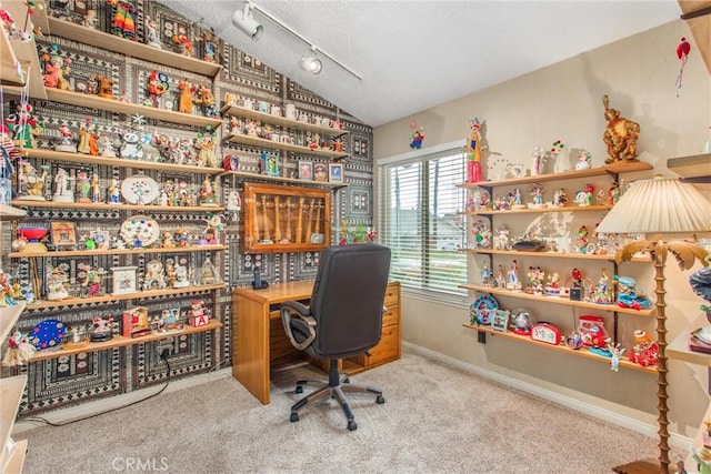 2605 La Praix St, Highland, CA 92346 - carpeted office space with vaulted ceiling, rail lighting, and baseboards