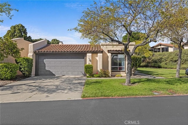 46 Los Palos Dr, San Luis Obispo, CA 93401 - view of front of home with an attached garage, a tiled roof, driveway, a front lawn, and stucco siding