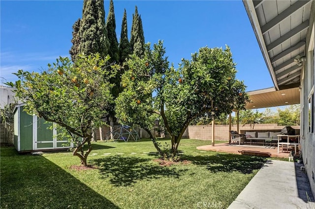 1850 W 186th St, Torrance, CA 90504 - view of yard with a storage unit, outdoor lounge area, a patio, and an outbuilding