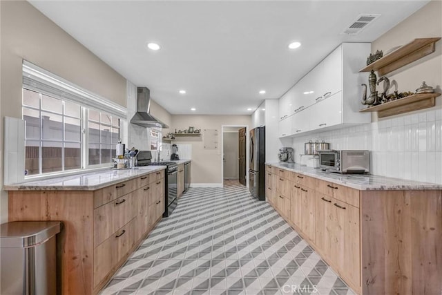 1850 W 186th St, Torrance, CA 90504 - kitchen featuring black range with gas cooktop, wall chimney exhaust hood, open shelves, modern cabinets, and recessed lighting