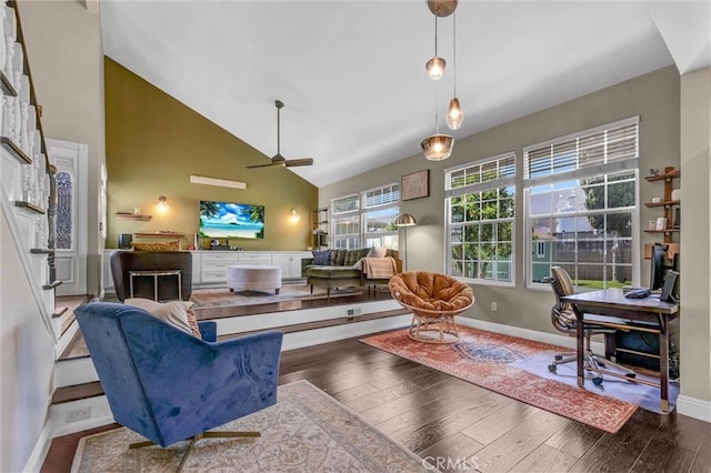 1850 W 186th St, Torrance, CA 90504 - living area with an office area, a ceiling fan, wood finished floors, high vaulted ceiling, and baseboards