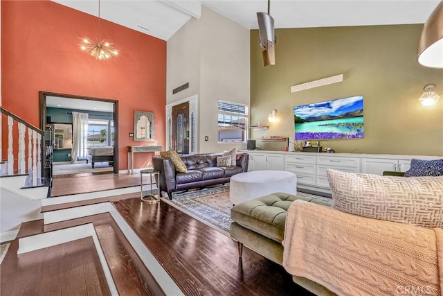 1850 W 186th St, Torrance, CA 90504 - living room with high vaulted ceiling, stairs, and wood finished floors