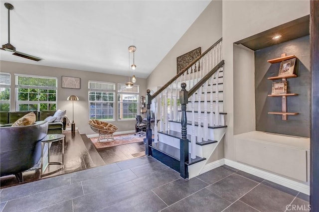 1850 W 186th St, Torrance, CA 90504 - staircase featuring plenty of natural light, baseboards, tile patterned floors, and lofted ceiling