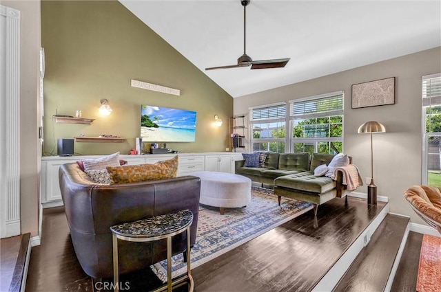 1850 W 186th St, Torrance, CA 90504 - living area with high vaulted ceiling, healthy amount of natural light, dark wood finished floors, and a ceiling fan