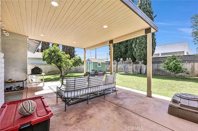 1850 W 186th St, Torrance, CA 90504 - fenced backyard with a storage shed, a patio area, and an outdoor living space