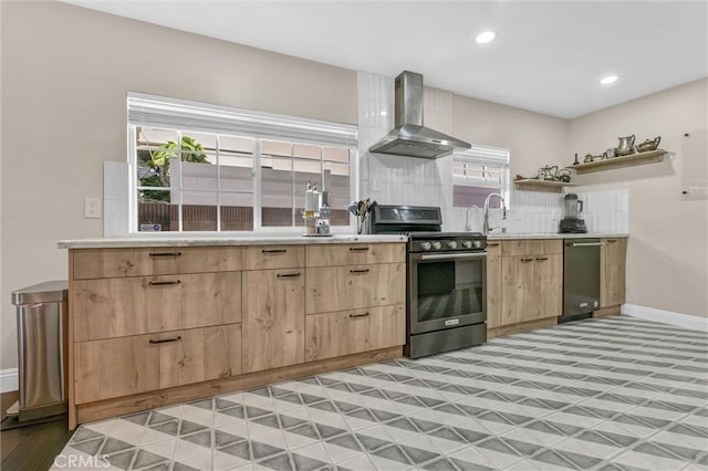1850 W 186th St, Torrance, CA 90504 - kitchen with wall chimney exhaust hood, stainless steel appliances, light brown cabinetry, backsplash, and light countertops