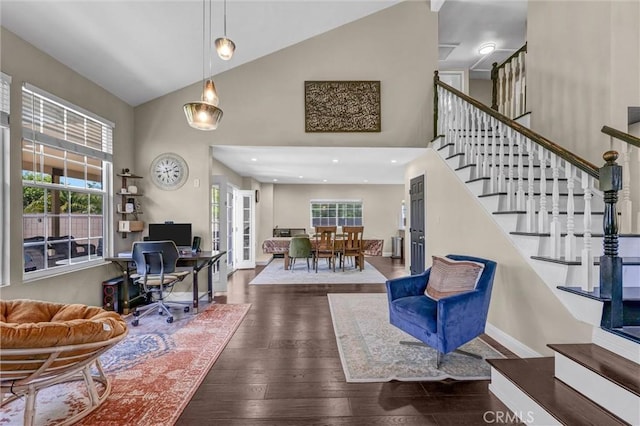 1850 W 186th St, Torrance, CA 90504 - living room featuring high vaulted ceiling, stairs, wood finished floors, an office area, and french doors