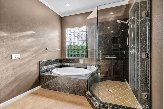 80465 Paseo De Tiempo, Indio, CA 92201 - bathroom featuring crown molding, a garden tub, a shower stall, tile patterned floors, and baseboards