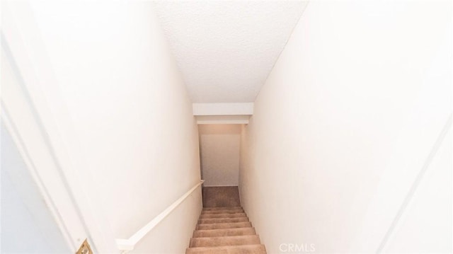 stairs with a textured ceiling