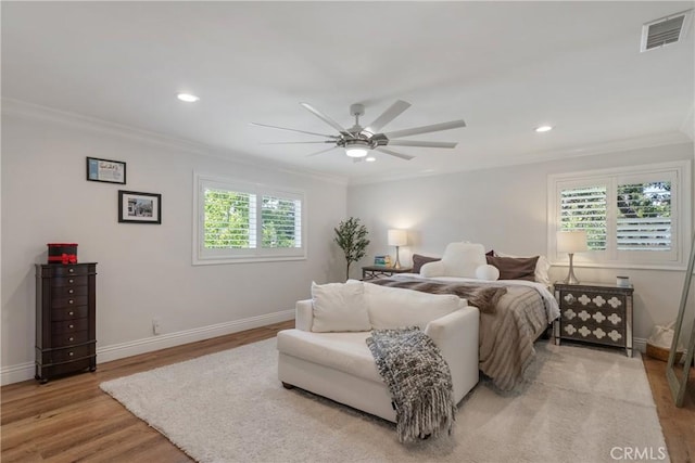 2090 Tevis Ave, Long Beach, CA 90815 - bedroom featuring ornamental molding, light wood-style flooring, baseboards, recessed lighting, and ceiling fan