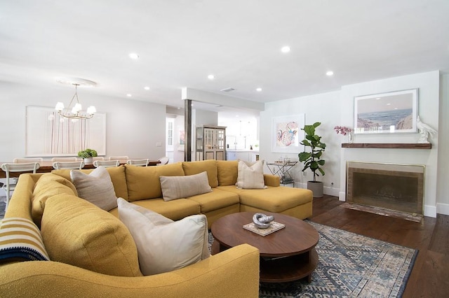 4001 Coldwater Canyon Ave, Studio City, CA 91604 - living room featuring a chandelier, a fireplace with flush hearth, wood finished floors, recessed lighting, and baseboards