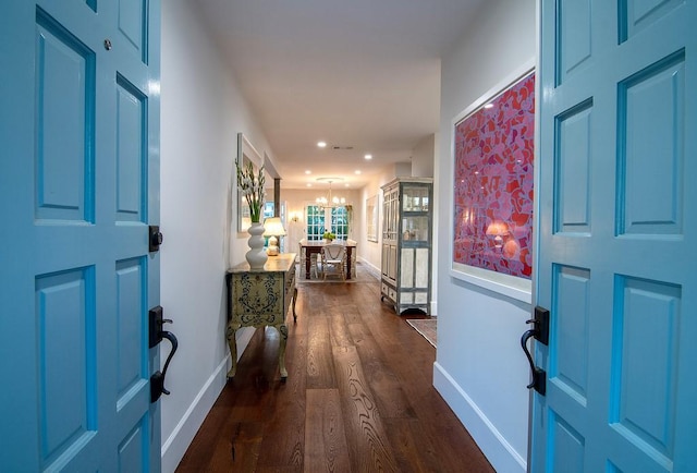 4001 Coldwater Canyon Ave, Studio City, CA 91604 - entrance foyer featuring baseboards, dark wood finished floors, a chandelier, and recessed lighting