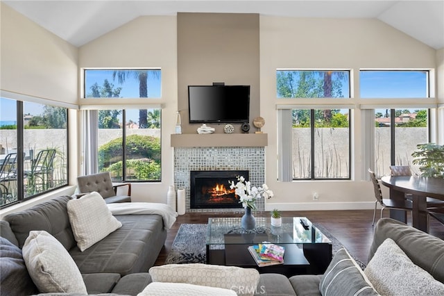 living room with high vaulted ceiling, a fireplace, wood finished floors, and baseboards