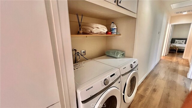 7140 N Muscatel Ave, San Gabriel, CA 91775 - laundry area featuring washing machine and clothes dryer, light wood-style floors, cabinet space, and baseboards