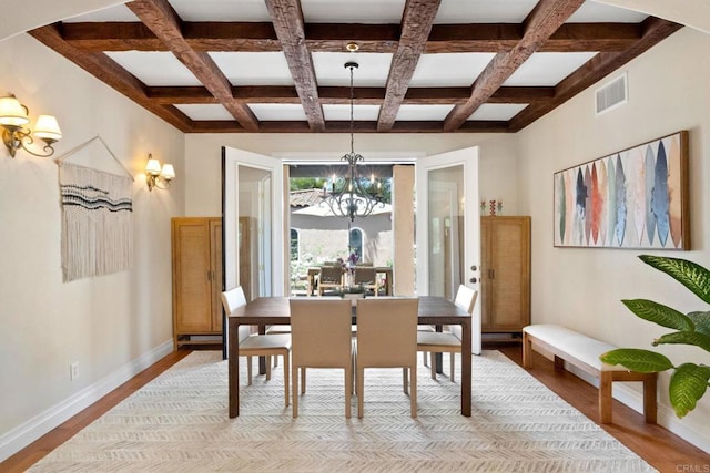 1455 Independence Way, Vista, CA 92084 - dining space featuring a chandelier, coffered ceiling, wood finished floors, baseboards, and beam ceiling