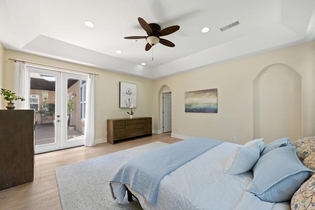 1455 Independence Way, Vista, CA 92084 - bedroom featuring a raised ceiling, access to exterior, french doors, light wood finished floors, and recessed lighting