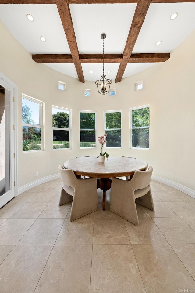 1455 Independence Way, Vista, CA 92084 - dining space with baseboards, light tile patterned floors, coffered ceiling, recessed lighting, and beamed ceiling
