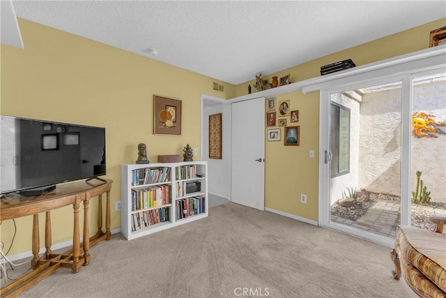 living area featuring carpet, a textured ceiling, and baseboards