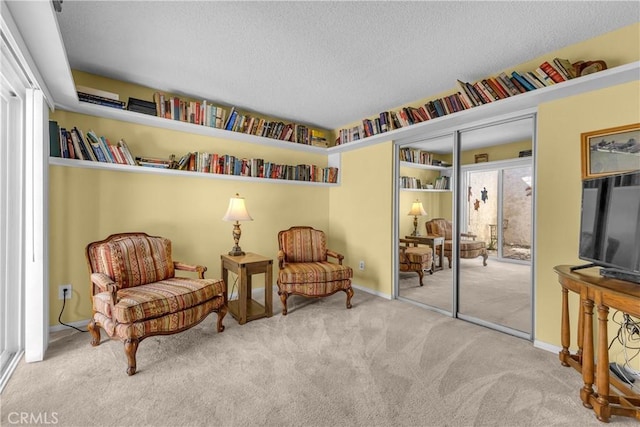 sitting room featuring carpet, a textured ceiling, and baseboards