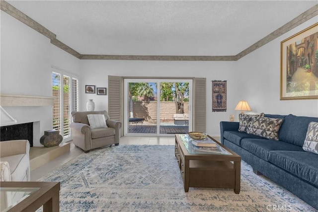 living area featuring a textured ceiling and a fireplace with raised hearth