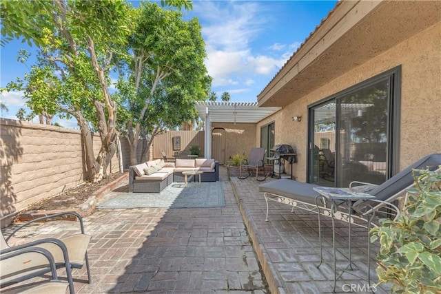 view of patio / terrace with an outdoor hangout area, a pergola, a fenced backyard, and grilling area