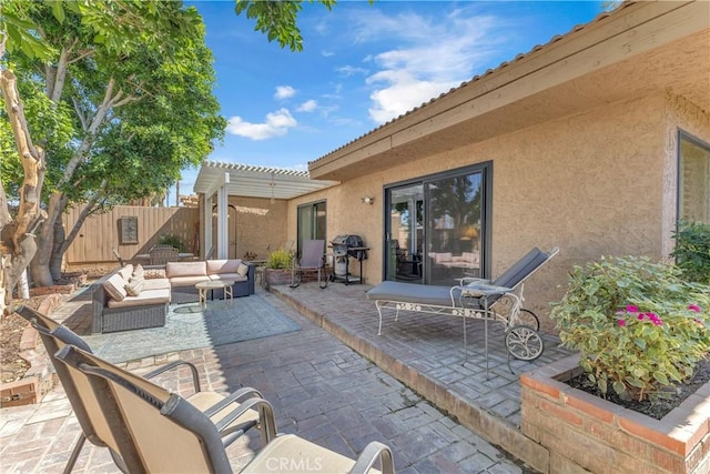 view of patio with a pergola, an outdoor living space, fence, and a grill