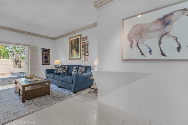 living room featuring a textured ceiling