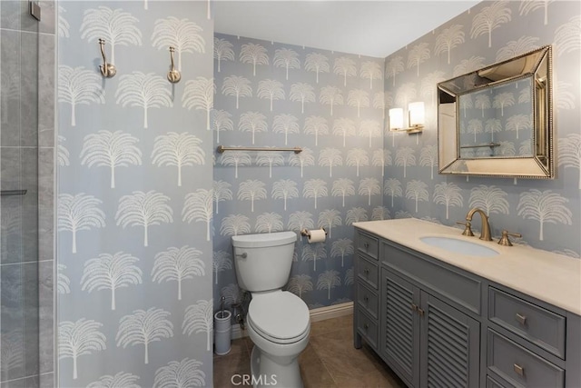 23721 Sarda Rd, Valencia, CA 91355 - bathroom with wallpapered walls, vanity, and tile patterned floors