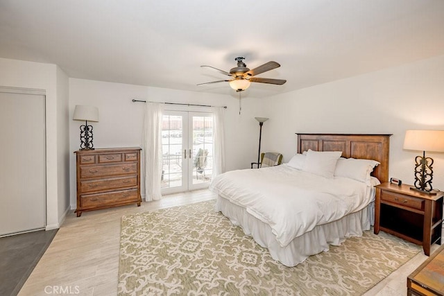 40022 172nd St E, Palmdale, CA 93591 - bedroom featuring access to exterior, light wood-type flooring, ceiling fan, and french doors