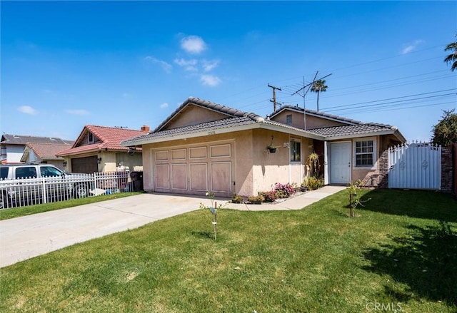 25176 Wendy Way, Moreno Valley, CA 92551 - ranch-style home featuring a garage, stucco siding, concrete driveway, a tiled roof, and a gate