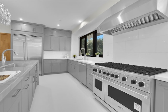 kitchen with high quality appliances, gray cabinets, wall chimney range hood, a sink, and recessed lighting