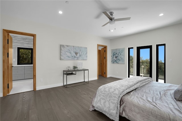 bedroom featuring multiple windows, recessed lighting, dark wood finished floors, and baseboards