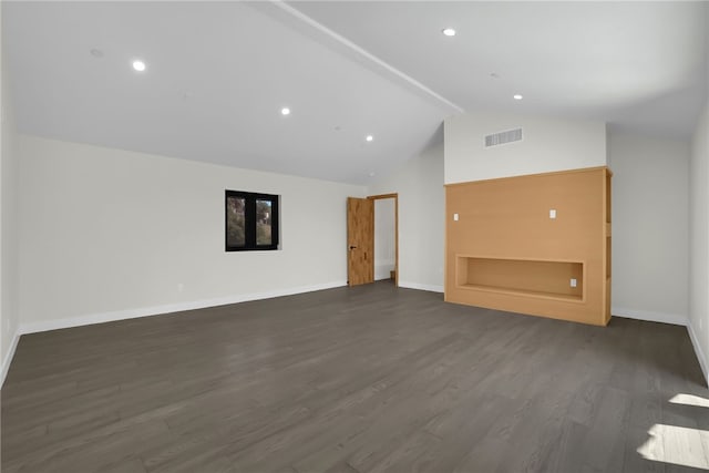 spare room with dark wood-style floors, baseboards, high vaulted ceiling, and recessed lighting