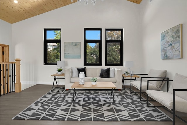 living area featuring wood finished floors, recessed lighting, high vaulted ceiling, baseboards, and wood ceiling