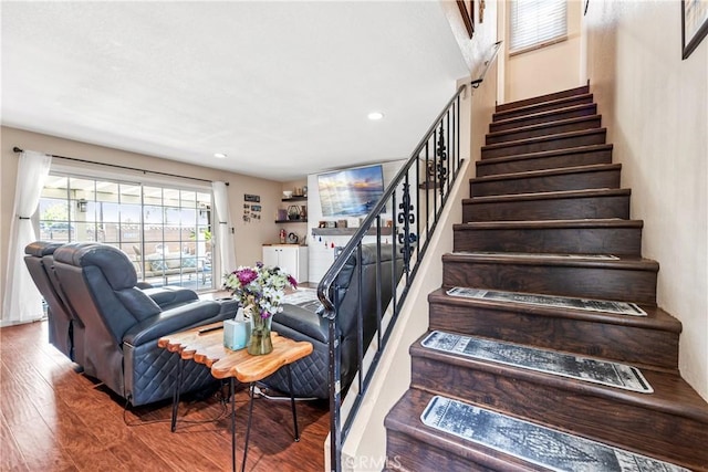 5471 Santa Gertrudes Ave, Garden Grove, CA 92845 - staircase featuring wood finished floors and recessed lighting
