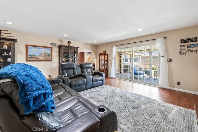 5471 Santa Gertrudes Ave, Garden Grove, CA 92845 - living room with arched walkways, wood-type flooring, recessed lighting, and baseboards