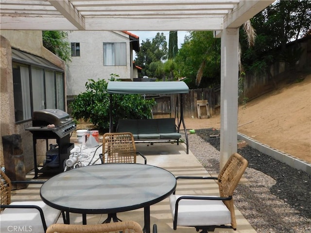 10755 Jasper Ave, Redlands, CA 92374 - view of patio / terrace featuring a pergola, a grill, outdoor dining area, and fence