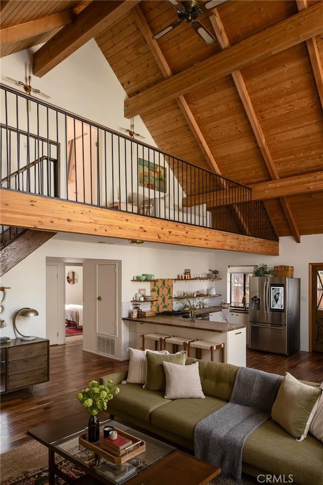 living room featuring wooden ceiling, high vaulted ceiling, ceiling fan, dark wood finished floors, and beamed ceiling