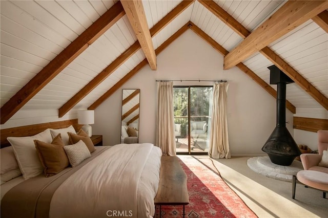 bedroom featuring access to exterior, wood ceiling, and carpet floors