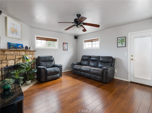 22305 Ladeene Ave, Torrance, CA 90505 - living area featuring ceiling fan, wood-type flooring, plenty of natural light, and baseboards