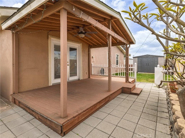 22305 Ladeene Ave, Torrance, CA 90505 - view of patio with an outbuilding, a ceiling fan, a storage unit, a deck, and french doors