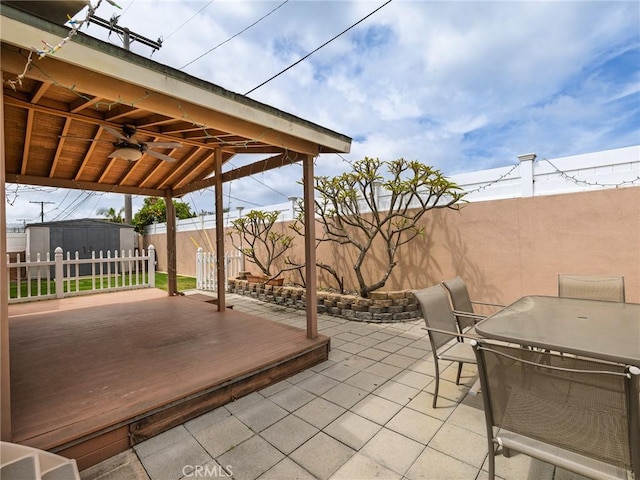 22305 Ladeene Ave, Torrance, CA 90505 - view of patio / terrace featuring outdoor dining space, ceiling fan, a fenced backyard, and a deck