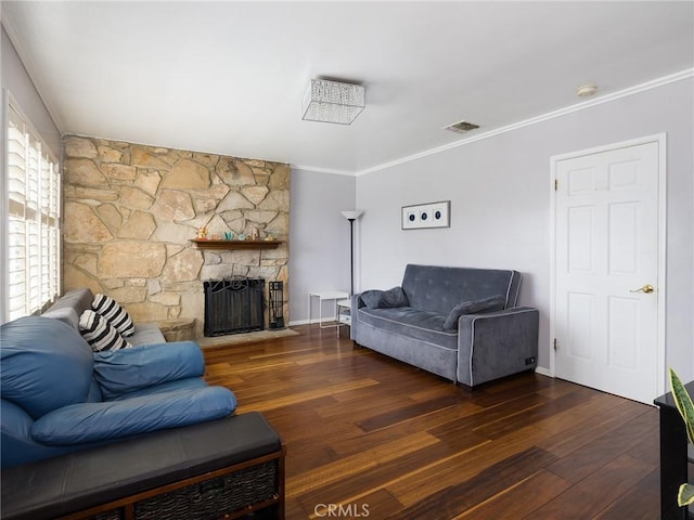 22305 Ladeene Ave, Torrance, CA 90505 - living room featuring hardwood / wood-style flooring, ornamental molding, a stone fireplace, and baseboards