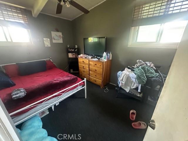 1815 W 9th St, Pomona, CA 91766 - carpeted bedroom featuring multiple windows, a ceiling fan, and lofted ceiling
