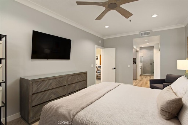 270 Cagney Ln Unit 215, Newport Beach, CA 92663 - bedroom featuring ornamental molding, recessed lighting, baseboards, and a ceiling fan