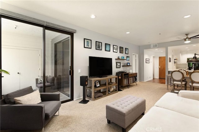 270 Cagney Ln Unit 215, Newport Beach, CA 92663 - living room featuring carpet floors, recessed lighting, baseboards, and a ceiling fan